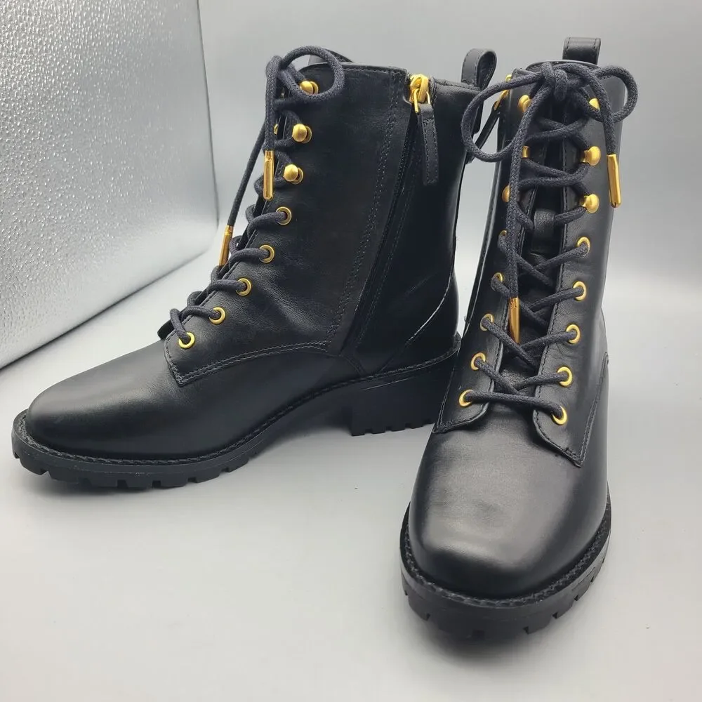 Tory Burch Combat Lug Sole Boots Zipper Lace Up Black Leather Logo US 6 New
